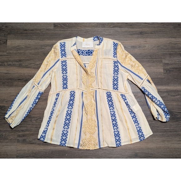 Kasia Tops - Kasia Boho Embroidered Peasant Blouse Cream Blue Gold Metallic Large Long Sleeve